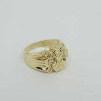 14K Gold Ring Men's Round Malverde with White CZ Stone Background and One White CZ Stone on Edge Corners