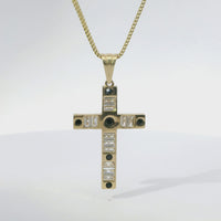 14KT Gold Charm Medium Baguette CZ Stones Cross with Six Black Round CZ Stones Ends and Plain Bell