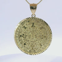 14KT Gold Charm Extra Large Myan Calander Coin with Diamond Cut Edge and Plain Bell