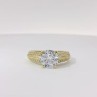 14KT Gold Ring Women's 4 Prong Round Cushion Cut White CZ Stone Solitaire with Double Row of White CZ Stones with Raised Plain Center Line Band