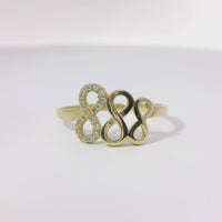 14KT Gold Ring Women's Triple Infinity Loop One White CZ Stone and Two Plain Loops with Plain Band