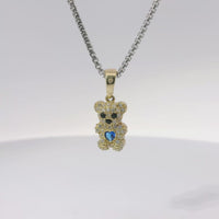 14KT Gold Charm Extra Small White CZ Stones Teddy Bear with Navy Blue Heart Belly and Plain Bell