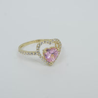 14KT Gold Ring Women's Open White CZ Heart Shape and Band with Smaller Pink Heart Shape CZ Center Stone