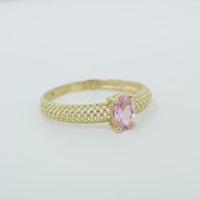 14KT Gold Ring Women's Pink Oval Center CZ Honeycomb Cutout Band