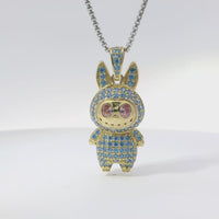 14KT Gold Charm Large 3D Turquoise CZ LaBuBu Body and Bell Flat Back with Pink Oval CZ Eyes