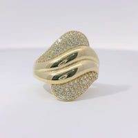 14KT Gold Women's Ring Abstract Plain Double Wave Band with White CZ Stones on Top and Lower Bands