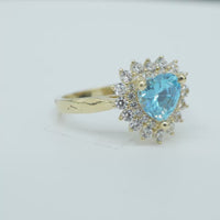 14KT Gold Ring Women's Heart Turquoise CZ Center with Round Double White CZ Stones Border and Plain Band