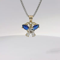 14KT Gold Charm Small Two Tone Quinceanera Butterfly with Navy Blue CZ Stones Top Wings and White CZ Stones Lower Wings and Plain Bell
