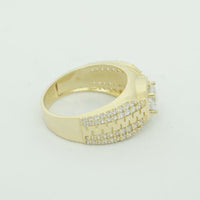 14KT Gold Ring Men's Square White CZ Round Center Stone Plain Platform Border Side Design Double Row White CZ Stones with Zig Zag Zipper Print