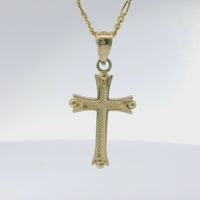 14KT Gold Charm Extra Small Dot End Split Tip Cross with Stripe Back, Lattice Front, and Plain Bell