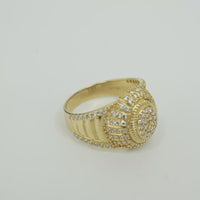 14KT Gold Ring Men's Oval 20 White CZ Stones Cluster Center with Plain Ribbed Border and Double Row White CZ Stones Sunray Pattern Border Side Design Single Row White CZ Stones Edge with Four Plain Ribbed Bars in Center