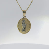14KT Gold Charm Small Oval Two Tone St Jude Coin with Rope Border and Plain Bell