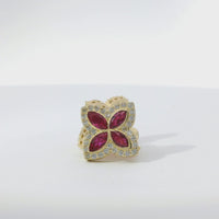 14KT Gold Earrings Small 3D Dark Pink Marquise CZ Stones Four Leaf Clover with White CZ Stones Border, Plain Edge, and Push Back Post with Butterfly Backs