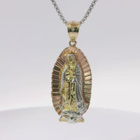 14KT Gold Charm Jumbo Tri Tone Virgin Mary with White Gold Robe and Plain Bell