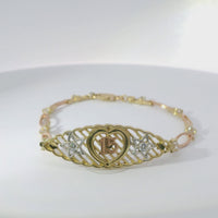 14KT Gold Bracelet Women's Tri Tone "15" Quinceanera Plain Heart Outline / Two Stars with White CZ Stone Centers and Stripe Background Center Plaque with Alternating White CZ Stone / Eye Shape Band 4.5mm