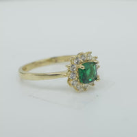 14KT Gold Flower Women's Ring Square Dark Green Center with White CZ Stone Petals Border Plain Band