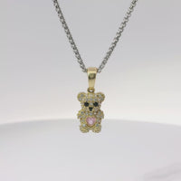 14KT Gold Charm Extra Small White CZ Stones Teddy Bear with Pink Heart Belly and Plain Bell