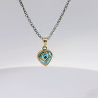 14KT Gold Charm Small 3D Turquoise Heart Evil Eye with Plain Bell