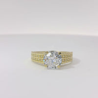 14KT Gold Ring Women's 4 Prong Round White CZ Stone Cushion Cut Solitaire with Double Row CZ Stone Scalloped Band