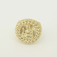 14KT Gold Ring Men's Round St. Barbara Wreath Border White CZ Stones Leaf Pattern on Shank (Two White CZ Stones in each Leaf)