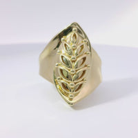 14KT Gold Ring Women's Plain Raised Branch with Marquise Leaves with Dots as Berries and Plain Band