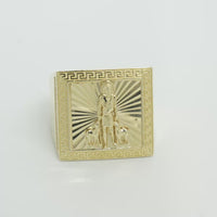 14KT Gold Ring Men's Square St. Lazarus Greek Border with White CZ Double Row Side Stones