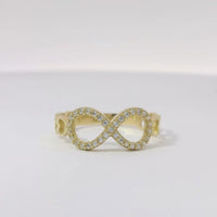 14KT Gold Ring Women's White CZ Stone Infinity Loop with Four Plain Open Hearts on Sides of Band