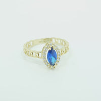 14KT Gold Ring Women's Marquise Navy Blue Center Stone with White CZ Stone Border Chino Band