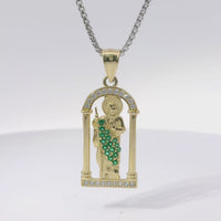 14KT Gold Charm Medium White CZ Stones Archway St Jude with Green CZ Stones Robe and Plain Bell