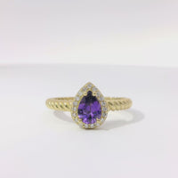 14KT Gold Ring Women's Purple Pear Shape Center CZ Stone White CZ Stones Border Plain Rope Band