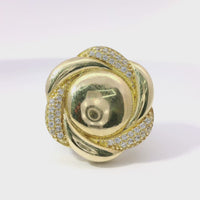 14KT Gold Women's Ring Mini Six Petal Pinwheel Flower Plain Center White CZ Stones on Petals with Triple Row White CZ Stones on Edge and Plain Band