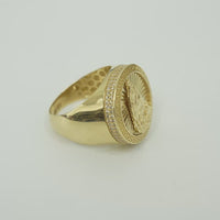 14KT Gold Ring Men's Round Caridad Cobre Greek Border Double Row White CZ Stones Outside Border Plain Band
