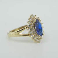 14KT Gold Ring Women's Marquise Navy Blue Center CZ with Round Double CZ Border Plain Split Band