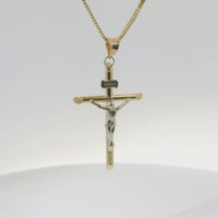 14KT Gold Charm Medium Two Tone Hollow Tube Slant Ends Crucifix Cross with Plain Bell