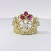 14KT Gold Ring Women's Two Tone "15" Quincenaera Tall Tiara Dark Pink Top Stones with 3 White CZ Stones on Crown Sides White CZ Stone Band