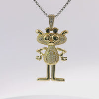 14KT Gold Charm White CZ Stones Pink Panther with Black CZ Eyes and White CZ Stones Bell