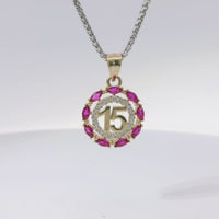 14KT Gold Charm Medium Round Quinceanera "15" Center with White CZ Stones Outline and Dark Pink Marquise Border and Plain Bell