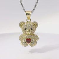 14KT Gold Charm Extra Large White CZ Stones Teddy Bear with Red Heart Belly and Plain Bell