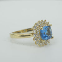 14KT Gold Ring Women's Square Turquoise Center CZ with Round Double CZ Border Plain Band