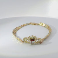 14KT Gold Bracelet Women's "15" Quinceanera Tiara Dark Pink Pear Center CZ Stone with White CZ Stones Border and Tri Tone Leaf Band 5mm