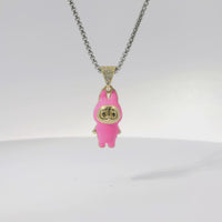14KT Gold Charm Extra Small 3D Hot Pink Enamel LaBuBu Body and White CZ Stones Bell