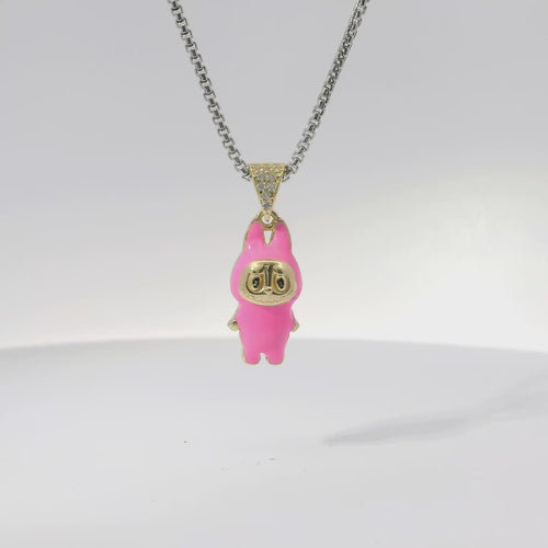 14KT Gold Charm Extra Small 3D Hot Pink Enamel LaBuBu Body and White CZ Stones Bell