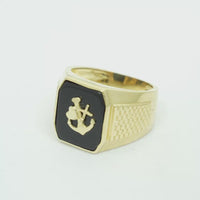 14KT Gold Ring Men's Jumbo Square Octagon Anchor/Heart/ Cross on Onyx Background with Plain Border Side Design Mock Watch Jubilee Band