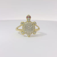14KT Women's Gold Ring Mini White CZ Stone Turtle Shell with Red CZ Eyes and White Feet Plain Border Plain Split Band