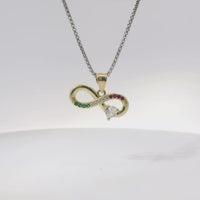 14KT Gold Charm Mini Infinity Loop with Red, White, and Green CZ Stones with White CZ Stone Heart and Plain Bell