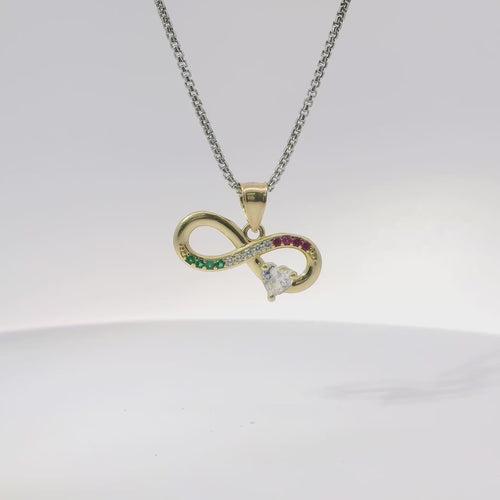 14KT Gold Charm Mini Infinity Loop with Red, White, and Green CZ Stones with White CZ Stone Heart and Plain Bell