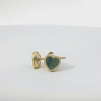 14KT Gold Earrings Extra Small Olive Green Heart with Dotted Border with Push Back Post and Butterfly Backs