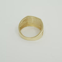 14KT Gold Ring Men's Horizontal Row Rectangle of White CZ Stones Cuban Link Top Lower Border Shank Flat Nugget Plain Border