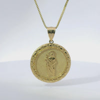14KT Gold Charm Extra Large Round St Jude Coin Center with Nugget Border and Plain Bell