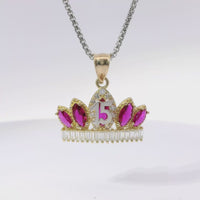 14KT Gold Charm Jumbo Two Tone Quincenaera "15" Center Dark Pink Marquise Crown with White CZ Baguette Stones Band and Plain Bell